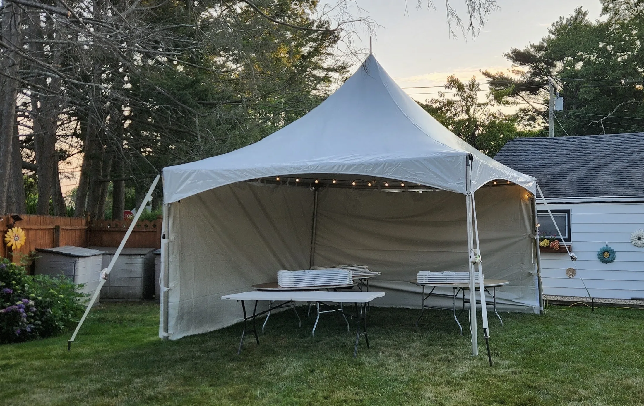 Starter tent package, 15x15 high peak tent with tables and chairs on Long Island NY