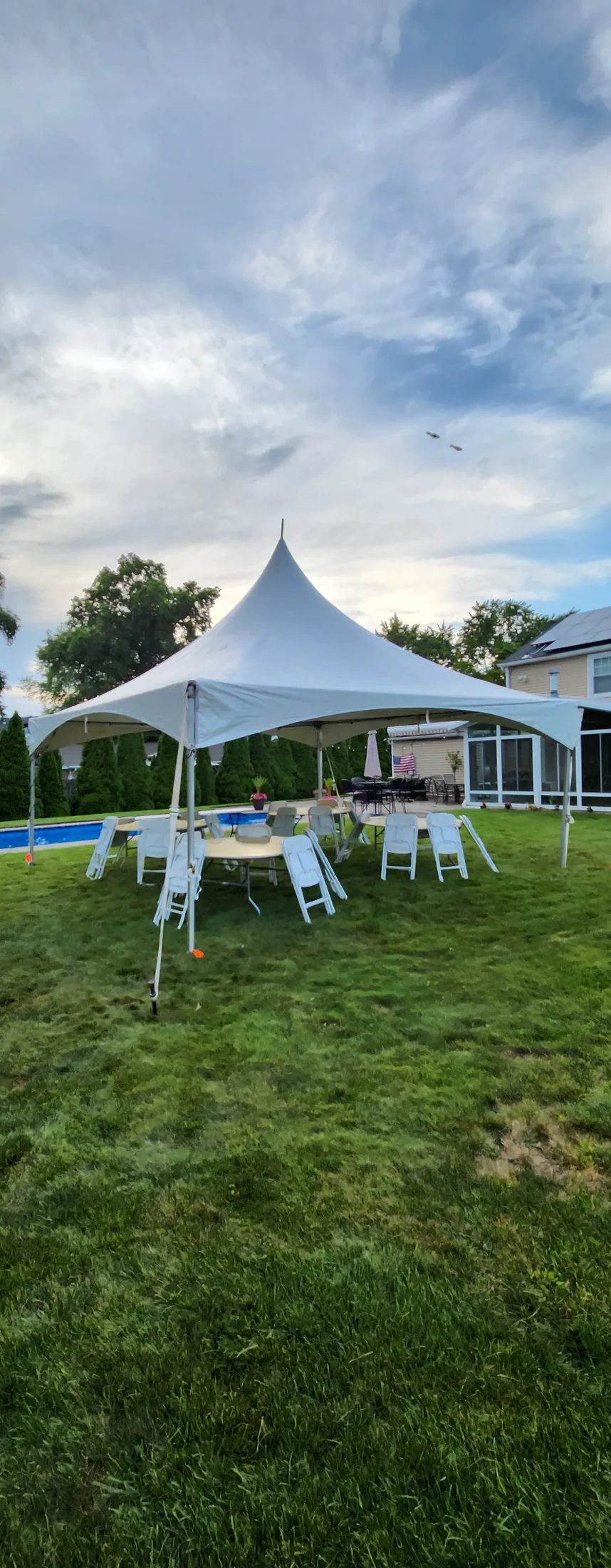 20x20 high peak tent package with tables and chairs on Long Island NY, by Tent Pro Event Rentals